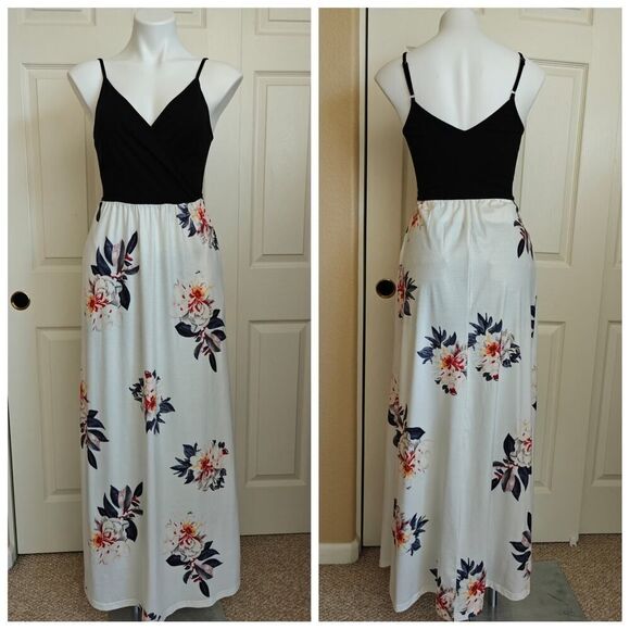 V Neck Spaghetti Strap Floral Long Maxi Dress with Pockets sz S - Picture 2 of 8